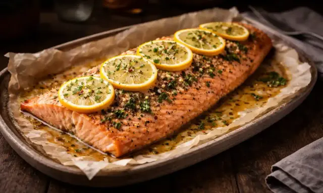 En hel, lyxig lax i ugn, toppad med citronskivor och örter, serverad på ett fat med bakplåtspapper.