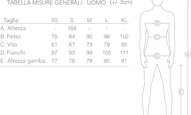 Tabella misure uomo: taglia small (S) con altezza 168 cm, petto 84 cm, vita 67 cm, fianchi 93 cm, altezza gamba 78 cm.