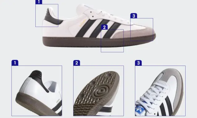 Białe buty Adidas Samba z czarnymi paskami i szarym zamszowym noskiem. Widoczna oryginalna metka Adidas na języku.