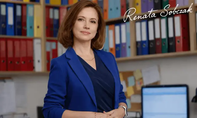 Kobieta w niebieskiej marynarce stoi przed regałami z segregatorami.