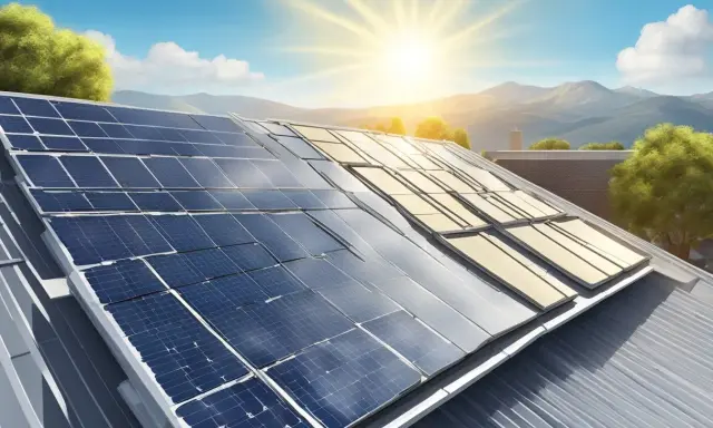 Solceller på ett tak under en solig himmel. En fråga om solceller eller inte, men här fångar de solljuset.
