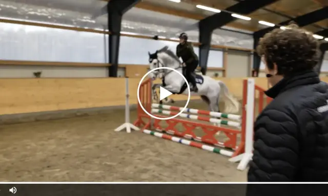 Ein Reiter auf einem Schimmel überwindet eine Hürde. Die Szene zeigt, was bedeutet EL beim Springen: die perfekte Koordination von Pferd und Reiter.