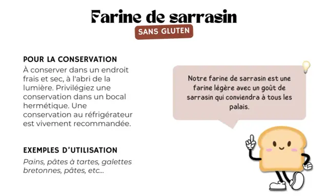 Farine de sarrasin sans gluten, idéale pour pains et galettes. Une farine légère qui ravira tous les palais.