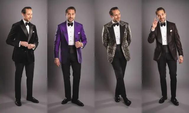 Four men in tuxedos. The first has a black velvet tuxedo with a satin lapel. The second wears a vibrant purple tuxedo. The third sports a patterned jacket with a black lapel. The fourth has a dark patterned tuxedo.