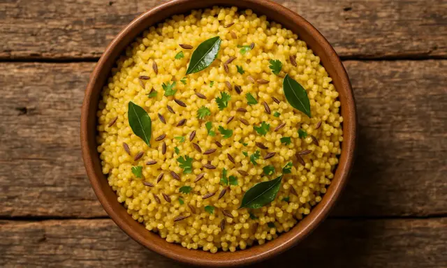 Eine Schüssel voller goldener Hirse, garniert mit Kümmelsamen und frischer Petersilie. Ein gesundes Abendessen, das Energie für den nächsten Tag gibt.