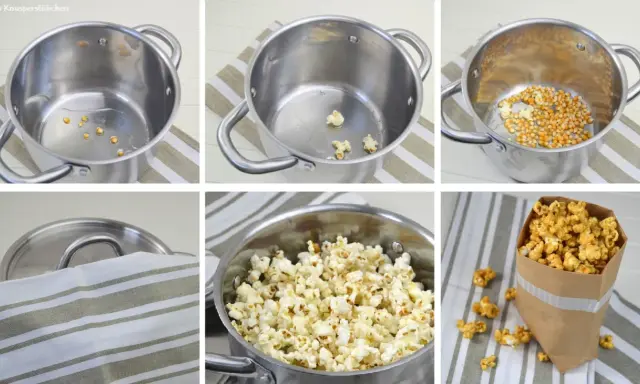 Schritt-für-Schritt-Anleitung, wie man Popcorn selber machen kann: Maiskörner in Öl erhitzen, bis sie aufplatzen. Fertiges Popcorn in einer Tüte.