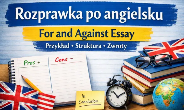 Nauka pisania rozprawki po angielsku: przykłady, struktura i zwroty. Notatnik z podziałem na plusy i minusy, flagi UK i USA, książki, budzik i globus.
