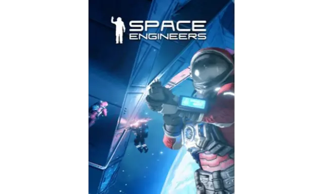 Astronauci w skafandrach budują stację kosmiczną w grze Space Engineers.
