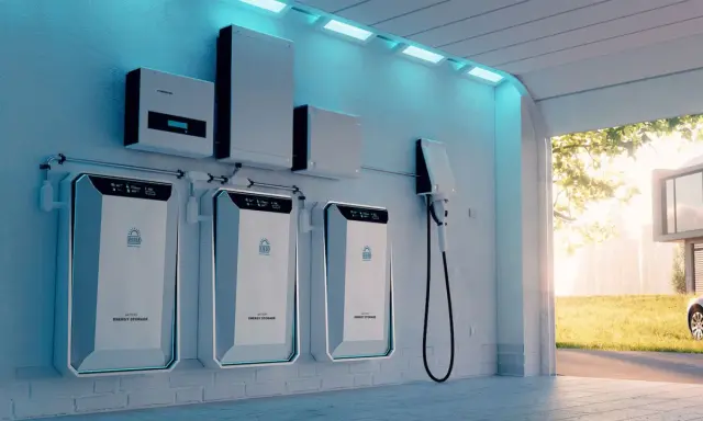 Flera batterier för energilagring på en vägg, en laddstation för elbil och en solcells-inverter. En modern lösning för hur man kan lagra energi.