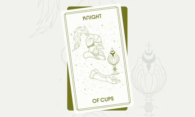 Rycerz Pucharów Tarot: hełm, puchar i dłoń w zbroi na tle gwiazd.
