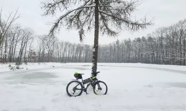 Rower czeka na wiosnę przy zamarzniętym stawie. Zimowe trasy rowerowe Tarnów kuszą pięknem przyrody.