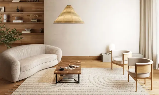 En modern lounge med en böjd soffa, träbord och två fåtöljer. Mattan med cirkelmönster ser ut att behöva fixa nedtrampad matta för att återfå sin form.