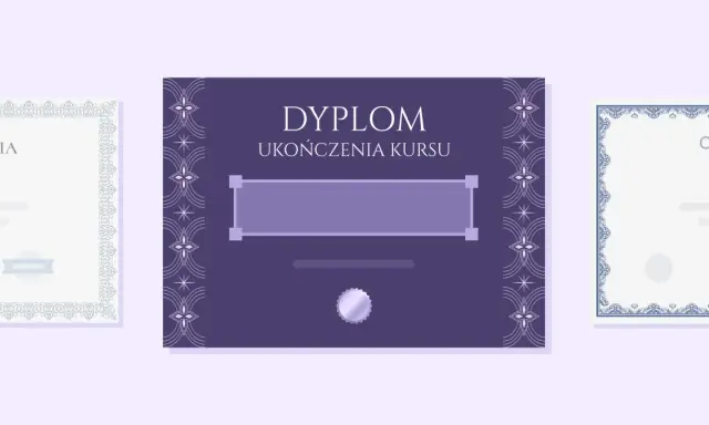 Eleganckie dyplomy do druku z ozdobnymi ramkami i miejscem na wpisanie danych.