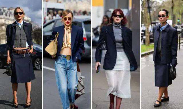 Quattro donne sfoggiano un elegante abbinamento giacca blu con gonne o jeans, dimostrando versatilità e stile.