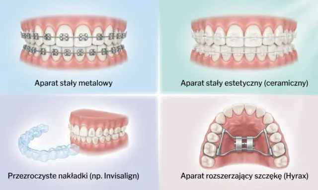 Różne aparaty ortodontyczne: metalowy, estetyczny, nakładki Invisalign i aparat Hyrax do leczenia zgryzu krzyżowego.