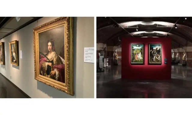 Portrait de femme, peut-être Flore, par Le Titien, dans une galerie d'art. Deux autres tableaux sont visibles à gauche.