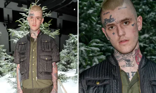 Lil Peep, med tatueringar och klädd i en mörk jacka, står framför snötäckta träd. Hans ansikte bär texten "Baby". Frågan "hur dog Lil Peep" ekar i minnet.