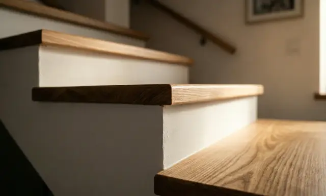 Piękne, odnowione schody drewniane z widocznym usłojeniem dębu. Nowoczesna renowacja schodów drewnianych nadaje wnętrzu ciepła.