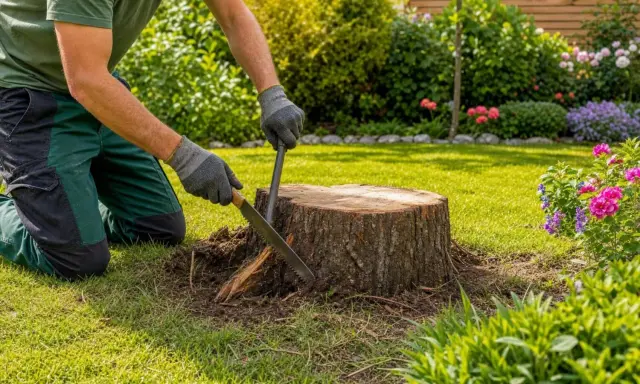 Un jardinier s'affaire à détruire une souche d'arbre avec une scie et un levier, dans un jardin fleuri et ensoleillé.