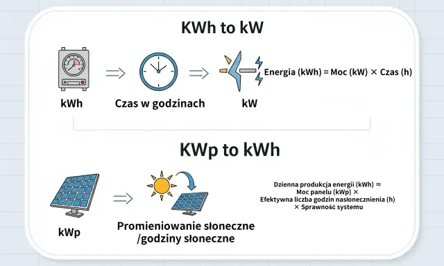 Wyjaśnienie: kwp co to. Schemat pokazuje, jak moc panelu (kWp) w połączeniu z godzinami słonecznymi daje dzienną produkcję energii (kWh).