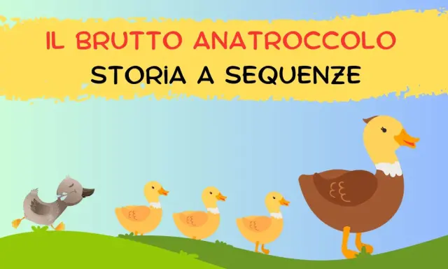 Il brutto anatroccolo: immagini per raccontare una storia. Un anatroccolo grigio corre verso una famiglia di anatre gialle.