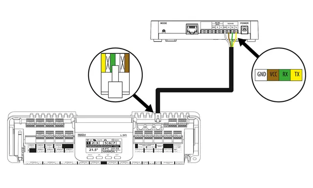 Schemat instalacji tech sterowniki. Pokazuje podłączenie przewodów GND, VCC, RX, TX do modułu L-9R i jednostki nadrzędnej.