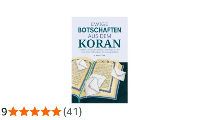 Buchcover "Ewige Botschaften aus dem Koran" mit geöffnetem Koran und Briefumschlägen, die schöne Verse aus dem Koran enthalten.