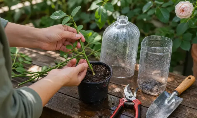 Mise en terre d'une bouture de rosier. Des mains insèrent une tige verte dans un pot de terreau, avec des ciseaux et une pelle à proximité.