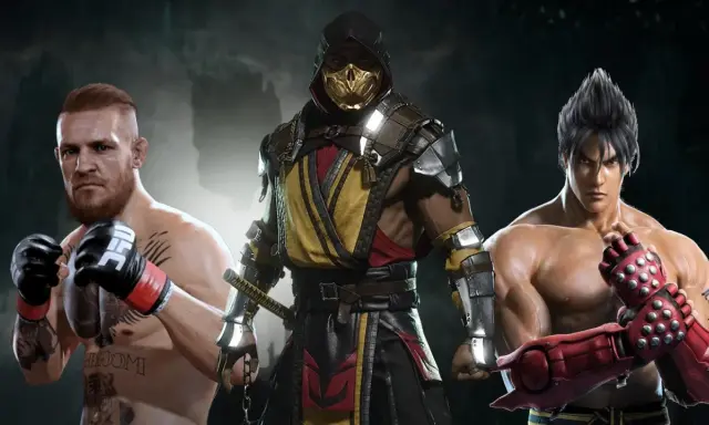 Trzech wojowników: Conor McGregor, Scorpion z Mortal Kombat i Jin Kazama z Tekkena, gotowi do walki w grach podobnych do Mortal Kombat.