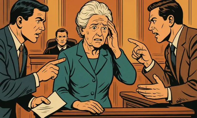 Una donna anziana, stressata, al centro di un processo. Due avvocati puntano il dito contro di lei, mentre il giudice osserva. La sua testimonianza è sotto pressione.