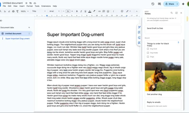 Une application note partagée avec un document sur les chiens et des notes récentes.