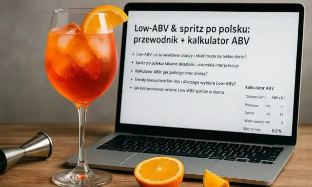 Kieliszek Aperola obok laptopa z kalkulatorem ABV. Dowiedz się, wódka ile ma procent i jak przygotować lekki drink.