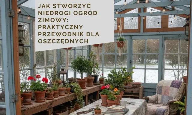 Szklarnia pełna roślin w doniczkach, z tekstem "Jak stworzyć niedrogi zimowy ogród". Tanie pomysły do ogrodu dla oszczędnych.