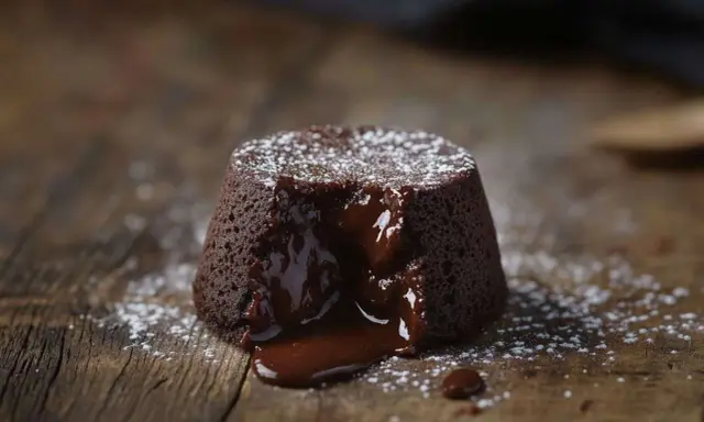 Un fondant au chocolat dégouline de sa ganache onctueuse sur une planche en bois rustique, saupoudré de sucre glace.
