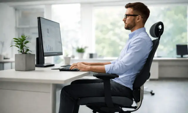 Un homme en chemise bleue travaille sur son ordinateur, assis confortablement. Il sait comment bien s'asseoir pour être productif.