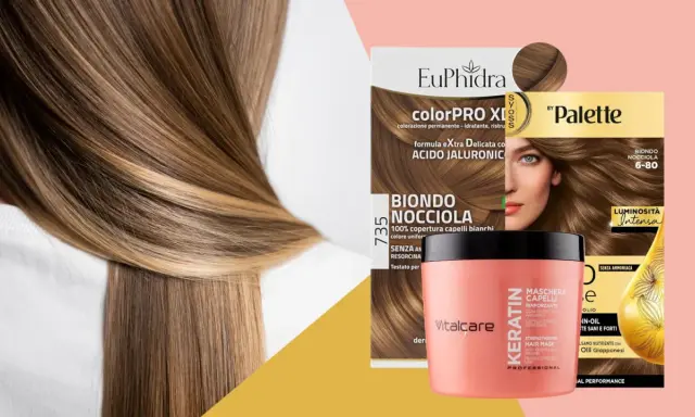 Capelli castano nocciola caramello, con tinte e maschere per un colore luminoso e sano.