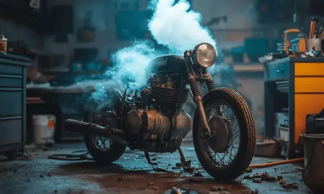 Une vieille moto dans un garage, fumée bleue s'échappant du **moteur 2 temps qui s'étouffe à l'accélération**.