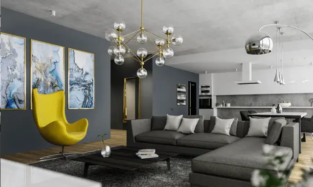 Nowoczesny salon z szarą kanapą i żółtym fotelem. Jak rozjaśnić ciemny pokój? Jasne obrazy i designerska lampa dodają światła.