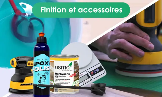 Outils de finition : ponceuse, mélangeur, balance, pot d'huile pour bois. Une alternative à la résine époxy pour un fini naturel.