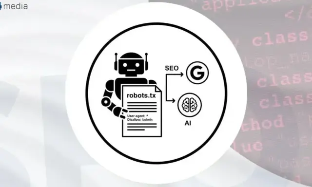 Grafika przedstawia robota trzymającego plik robots.txt, który wpływa na SEO i AI, symbolizowane przez logo Google i mózg.