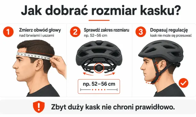 Jak dobrać rozmiar kasku? Zmierz obwód głowy, sprawdź zakres rozmiaru (np. 52-56 cm) i dopasuj regulację. Pamiętaj o prawidłowych rozmiarach kasków dla dzieci.