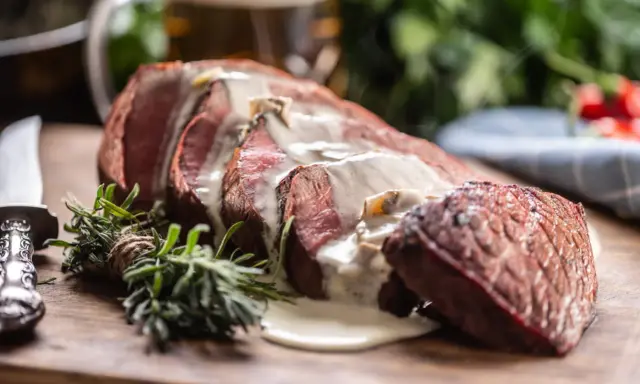 Tranches de côte de bœuf juteuses, nappées d'une sauce crémeuse. Un assaisonnement subtil rehausse la saveur de cette pièce de viande.