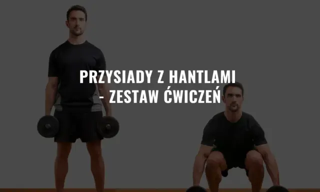 Mężczyzna wykonuje ćwiczenia na pośladki z hantlami. Pokazane są dwa etapy przysiadów.