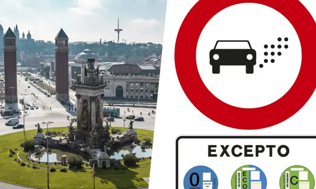 Señal de prohibición de circulación de coches contaminantes, excepto los que tienen etiqueta DGT ECO o C.