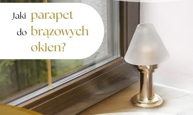 Jaki parapet do brązowych okien? Elegancka lampka nocna stoi na marmurowym parapecie obok okna.