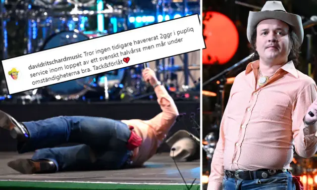 David Ritschard föll på scenen under Allsång på Skansen, men verkar må bra trots omständigheterna.
