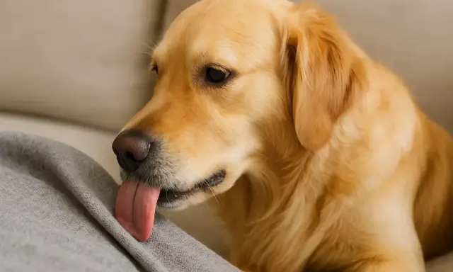 Un golden retriever lèche un tissu gris. Peut-être qu'il se demande pourquoi mon chien lèche les tissus, cherchant une explication à ce comportement.