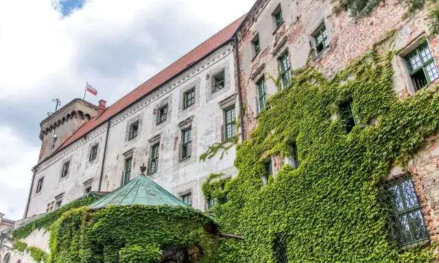 Zamek w Otmuchowie, porośnięty bluszczem, z polską flagą na wieży. Wspaniałe otmuchowskie atrakcje czekają na odkrycie!