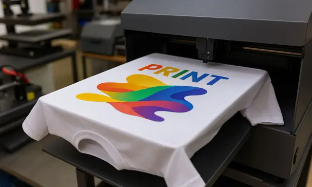 Nowa koszulka z tęczowym wzorem i napisem PRINT, gotowa do drukowania na plastiku.