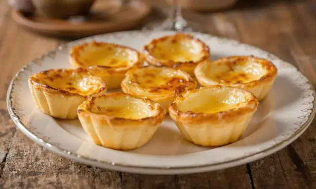 Assiette de délicieux pasteis de nata dorés, leur crème onctueuse invitant à la dégustation.